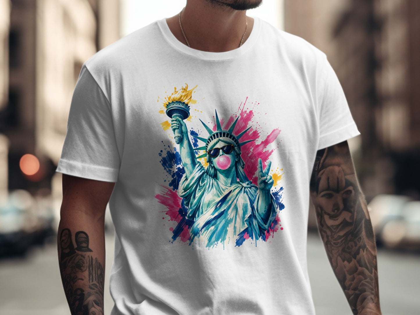 Statue of Liberty wearing sunglasses, blowing bubblegum, with colorful paint splatters.
