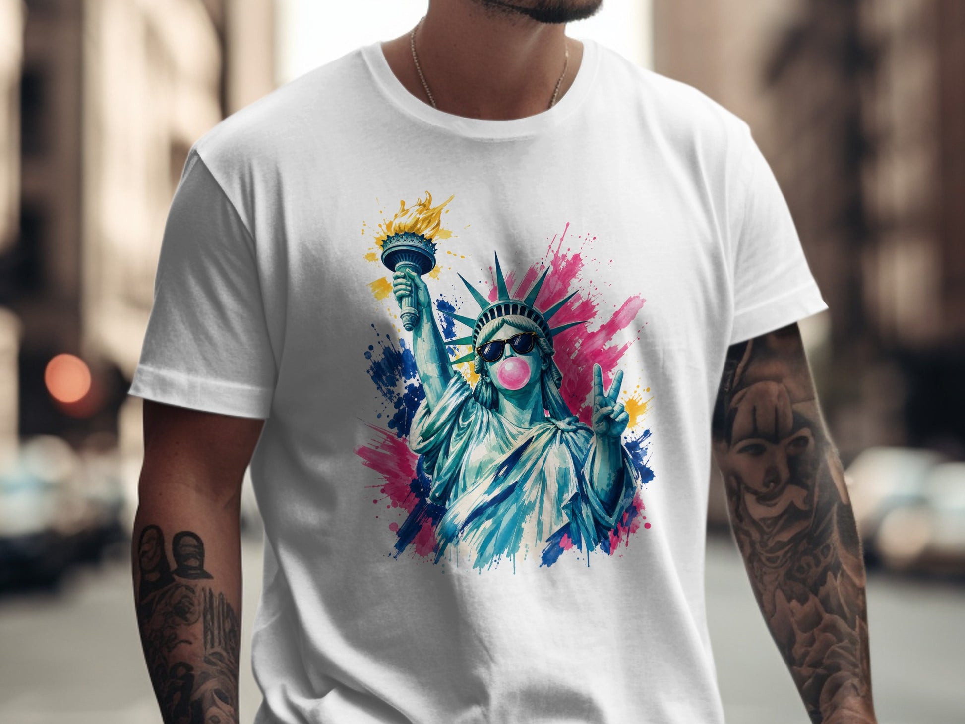 Statue of Liberty wearing sunglasses, blowing bubblegum, with colorful paint splatters.