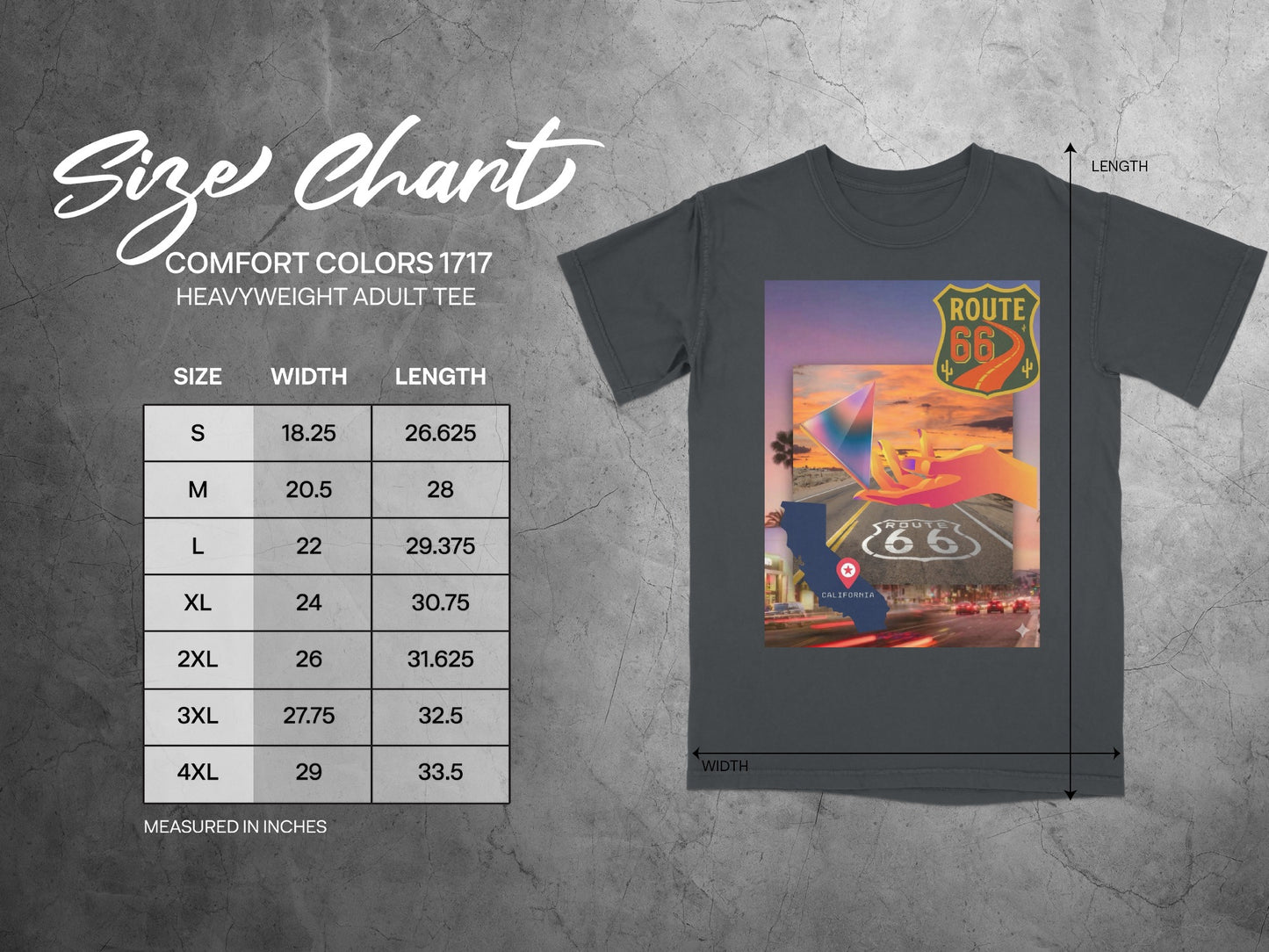 Comfort Colors 1717 size chart for heavyweight adult tee, measured in inches.