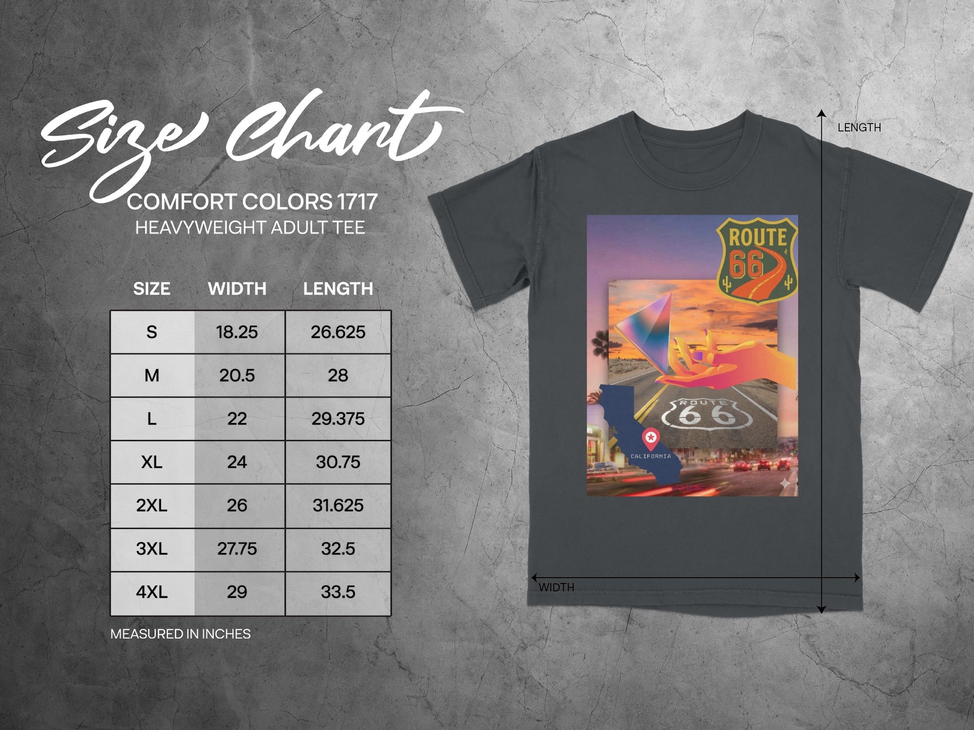 Comfort Colors 1717 size chart for heavyweight adult tee, measured in inches.
