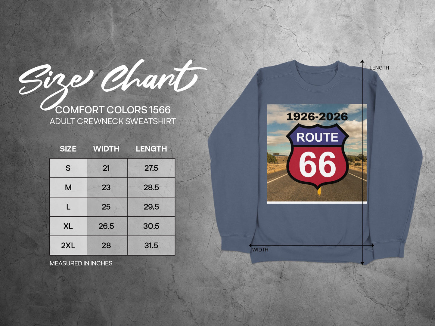 Size chart for Comfort Colors 1566 adult sweatshirt with Route 66 graphic.