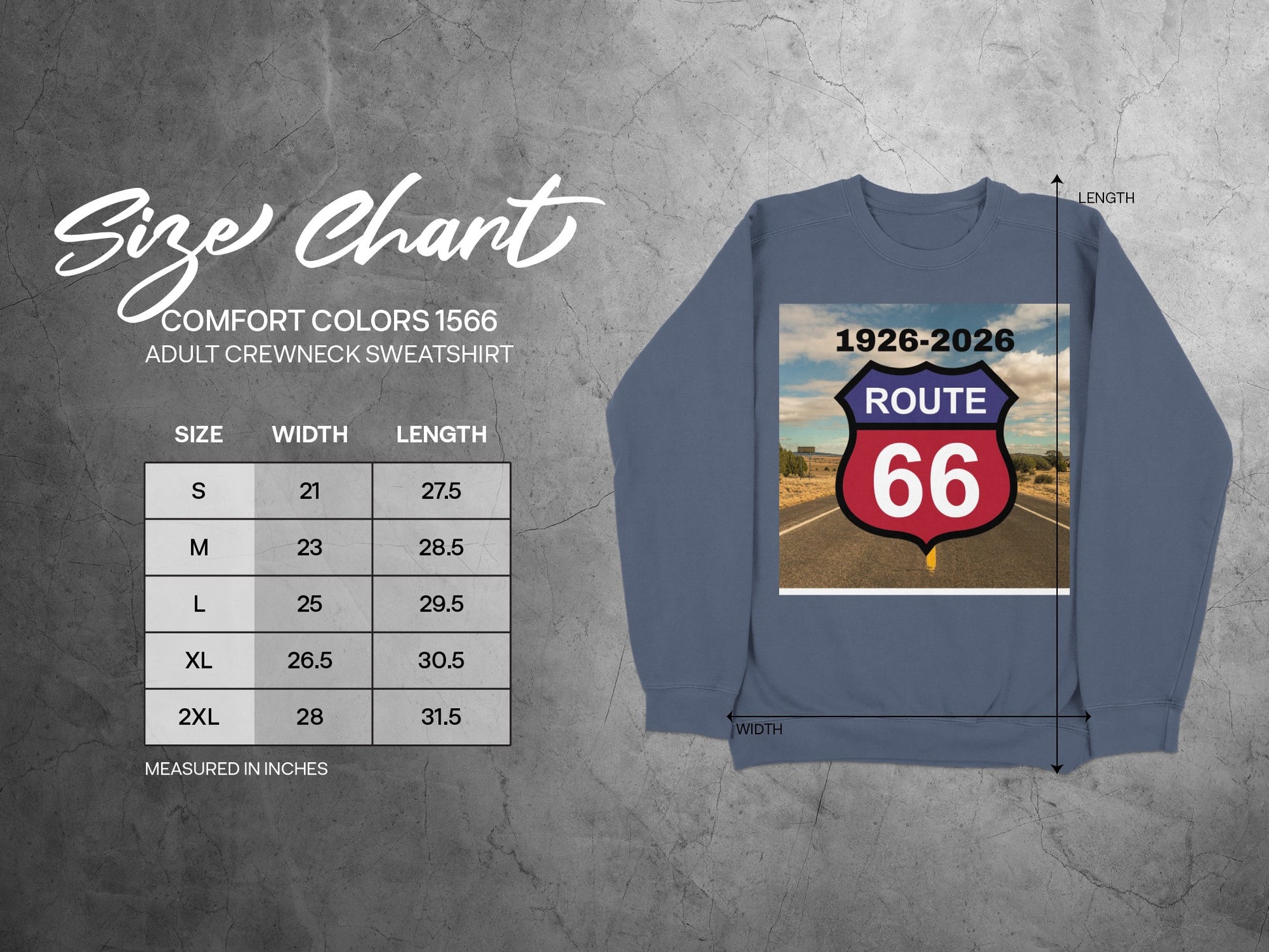 Size chart for Comfort Colors 1566 adult sweatshirt with Route 66 graphic.