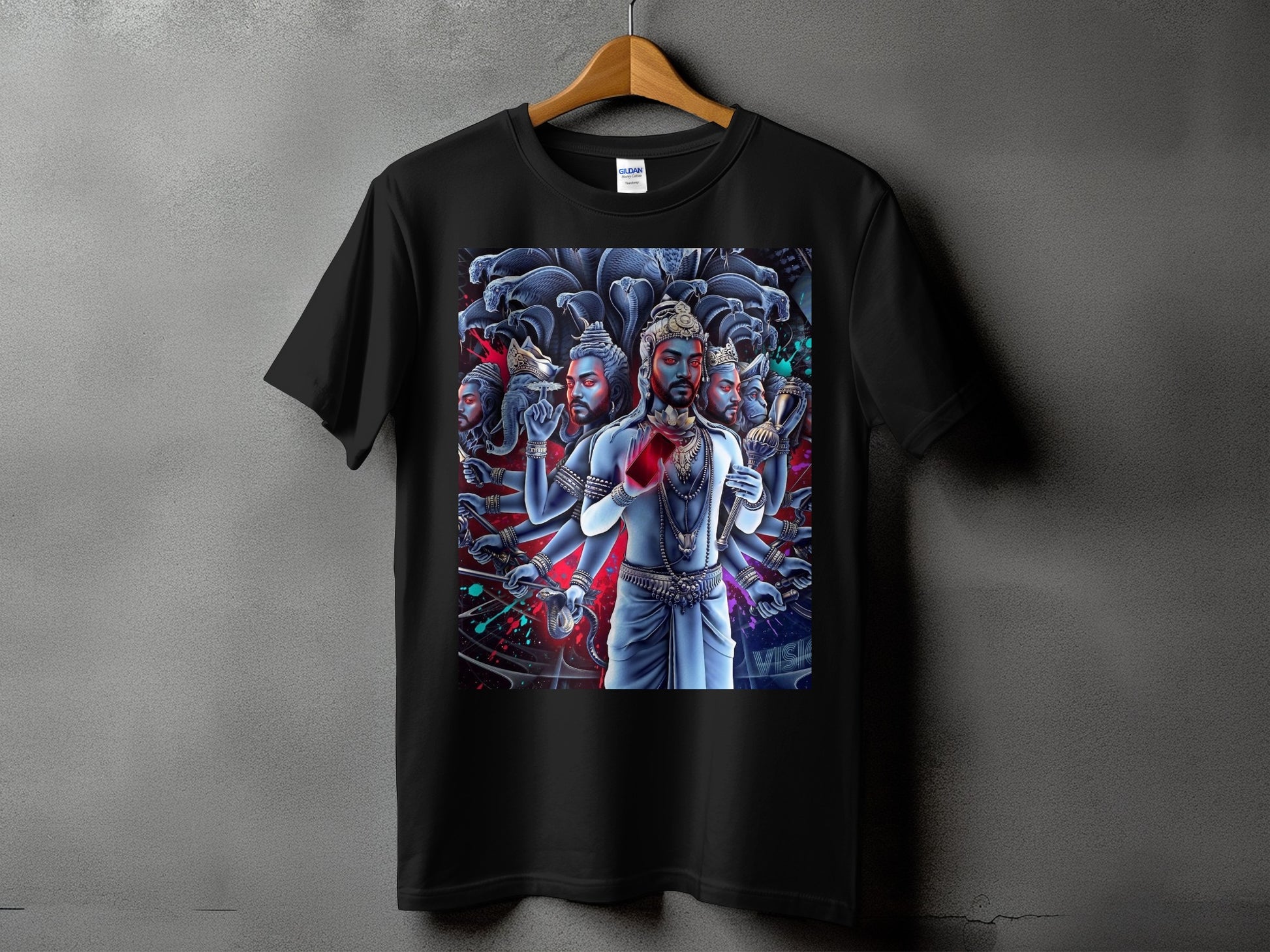 Black t-shirt featuring Hindu deity Vishnu with multiple arms and vibrant, detailed artwork.