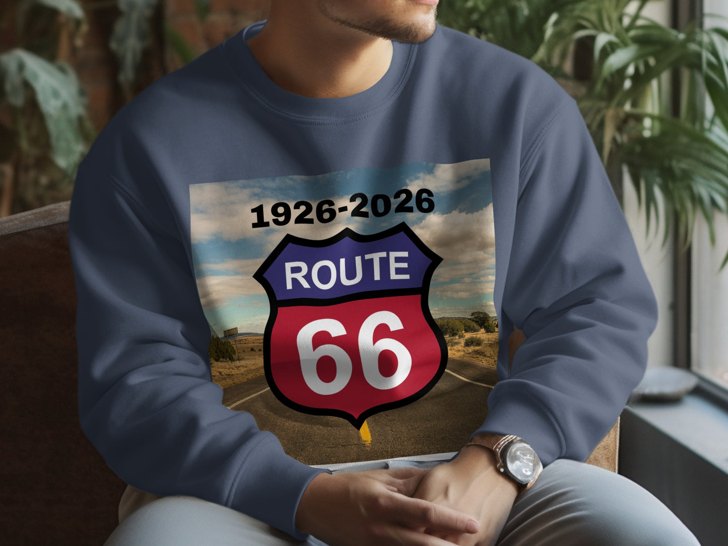 Navy sweatshirt with Route 66 shield and anniversary dates 1926-2026.