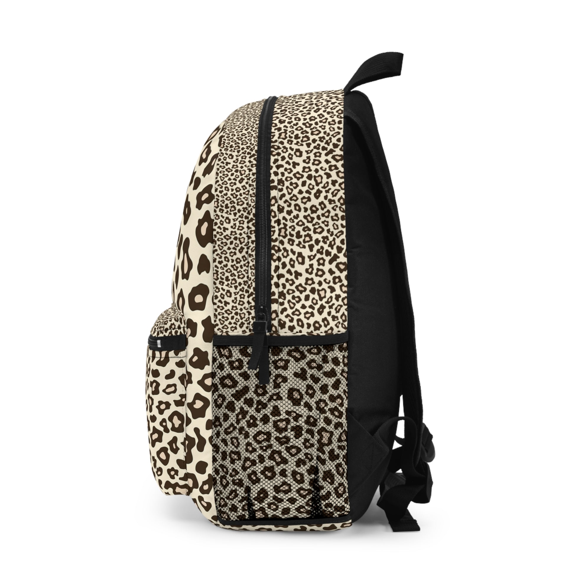 Backpack with black and cream leopard print, black straps, and mesh side pockets.