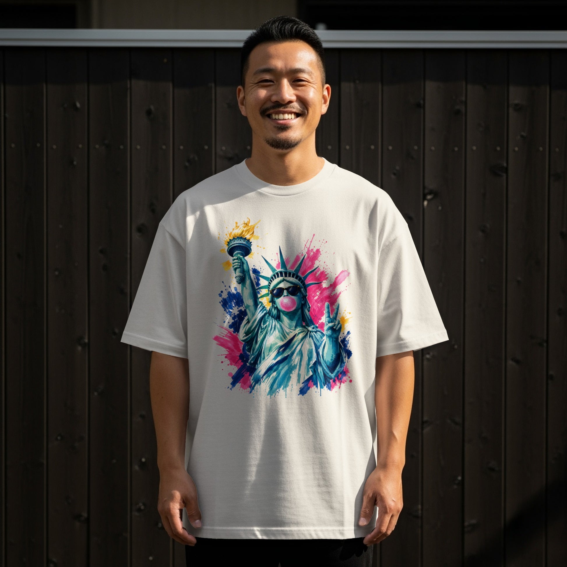 Man wearing a white t-shirt with a vibrant Statue of Liberty graphic.