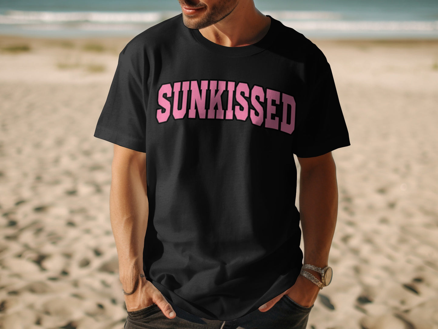 Black t-shirt with pink "SUNKISSED" text.