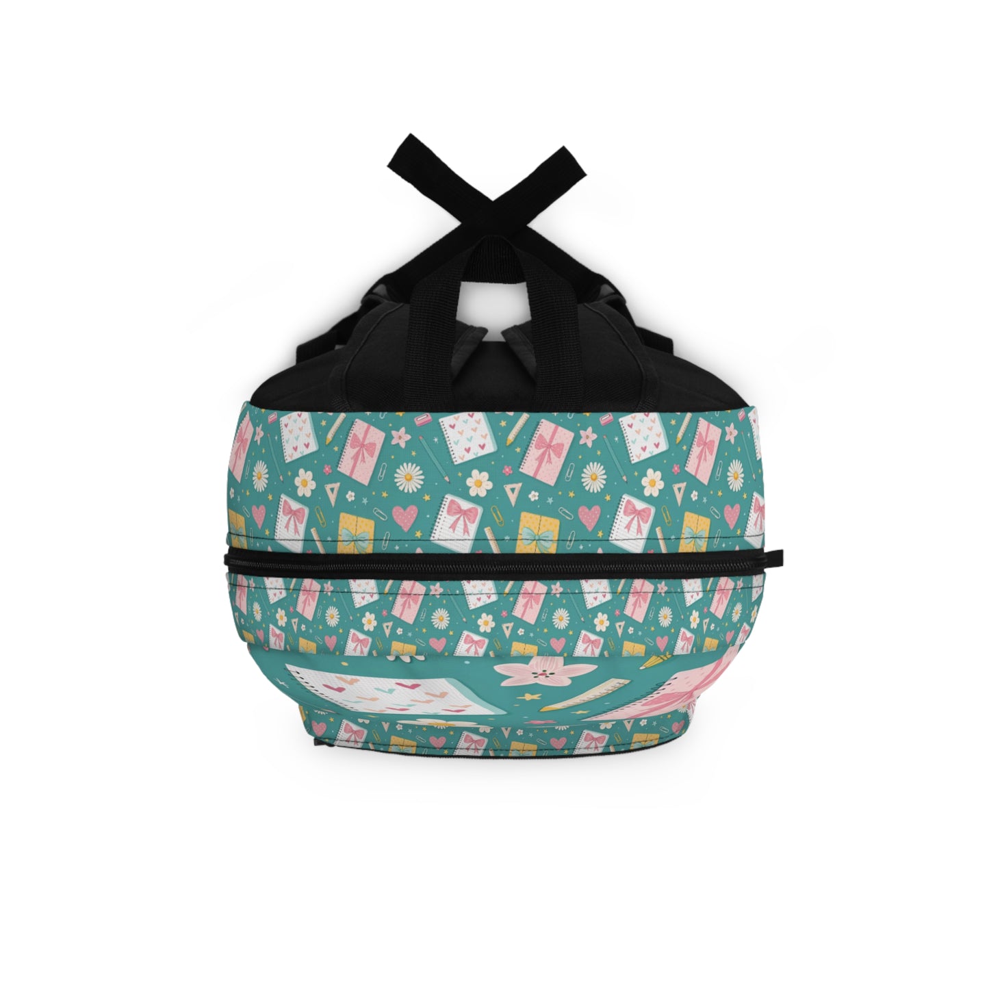 Backpack with a pastel teal pattern of gifts, notebooks, and pencils.