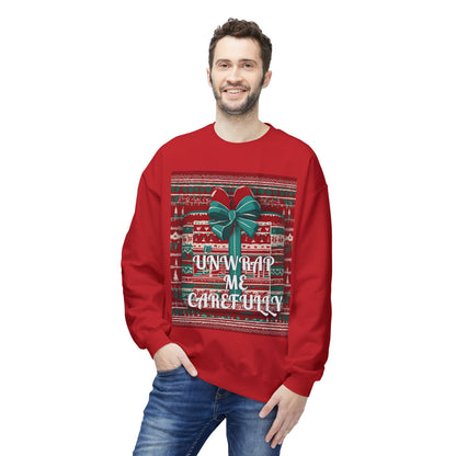 Ugly Christmas Sweatshirt Unwrap Carefully, Funny Holiday Jumper Crewneck, Xmas Gift Box Design, Warm Winter Pullover, Festive Apparel