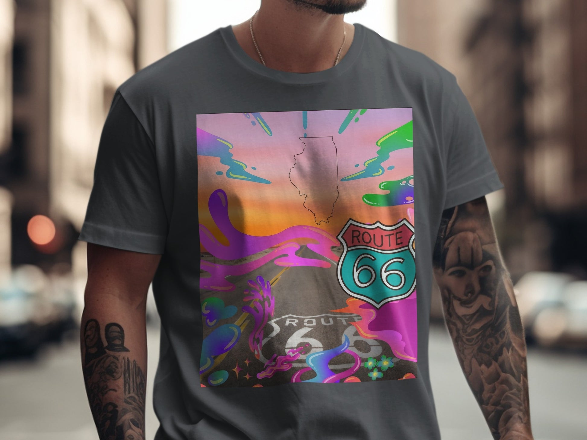 T-shirt with Route 66 logo and Illinois outline against a colorful, abstract sky.