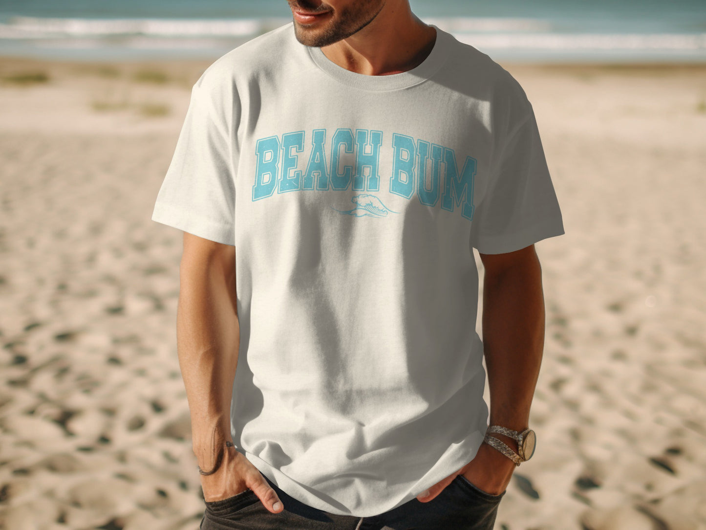 White t-shirt with "BEACH BUM" in light blue text and a wave graphic.