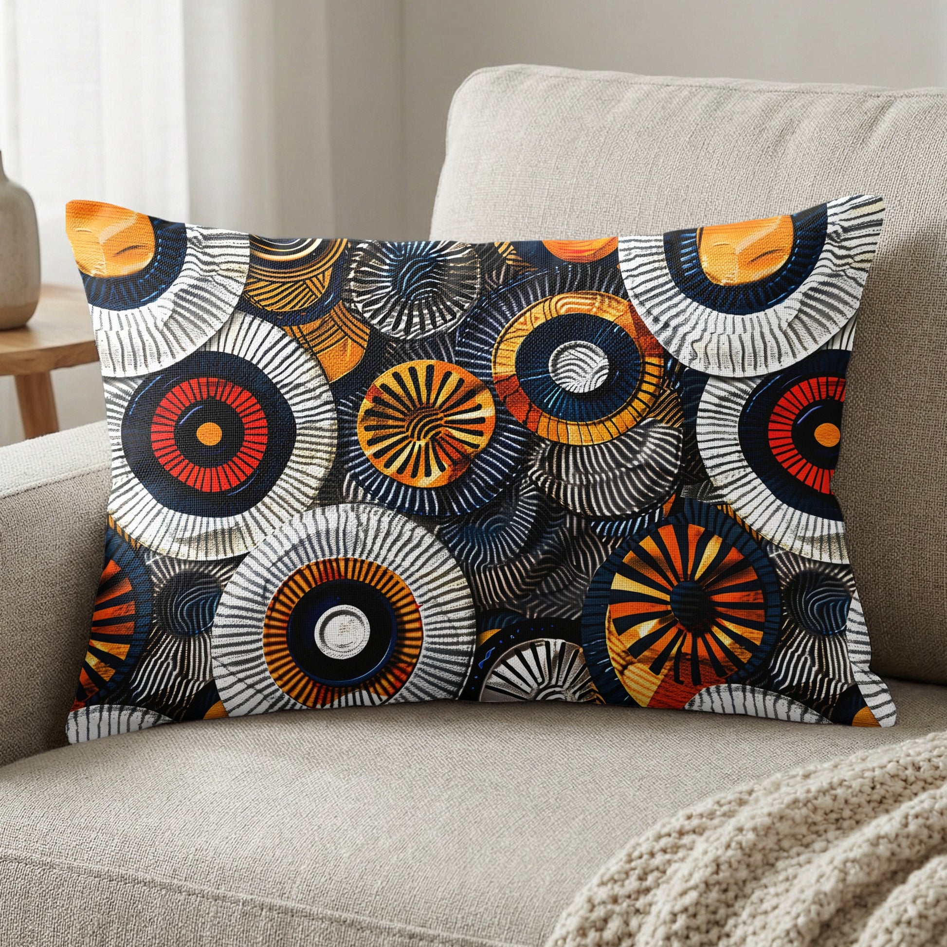 Rectangular pillow with abstract circular patterns in orange, red, white, and blue.