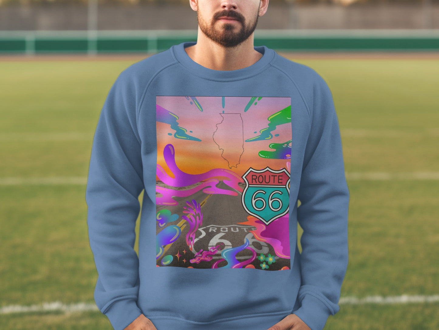 Blue sweatshirt with Route 66 Illinois graphic design.