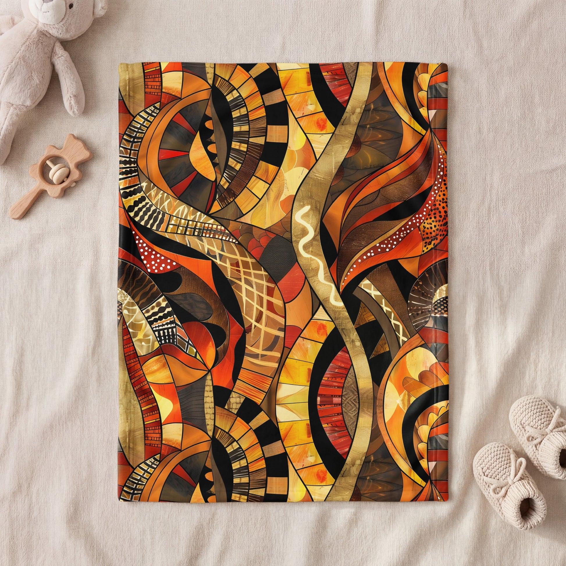 Blanket with abstract orange, yellow, and brown animalistic print and baby items.