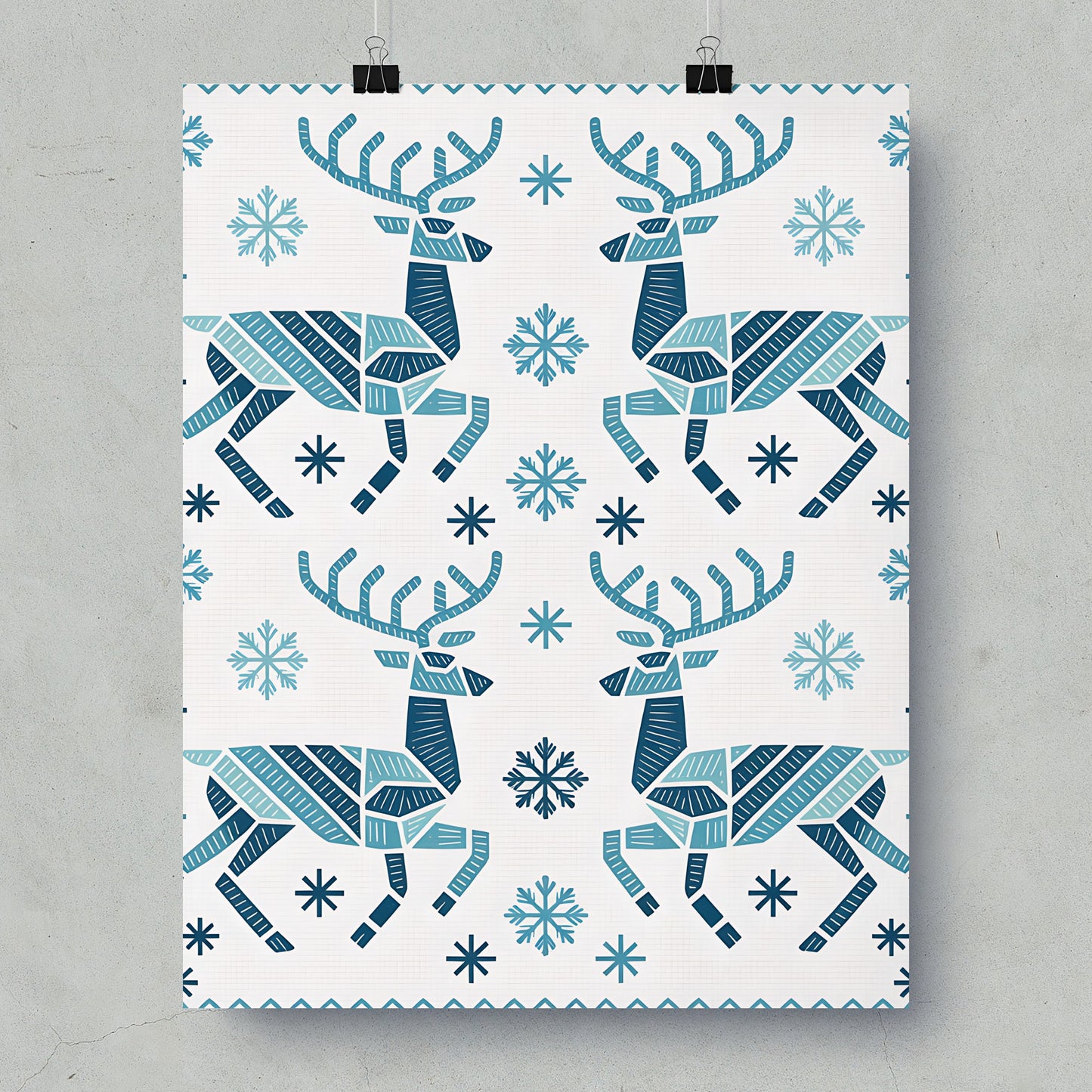 Geometric Reindeer and Snowflakes Winter Wall Poster