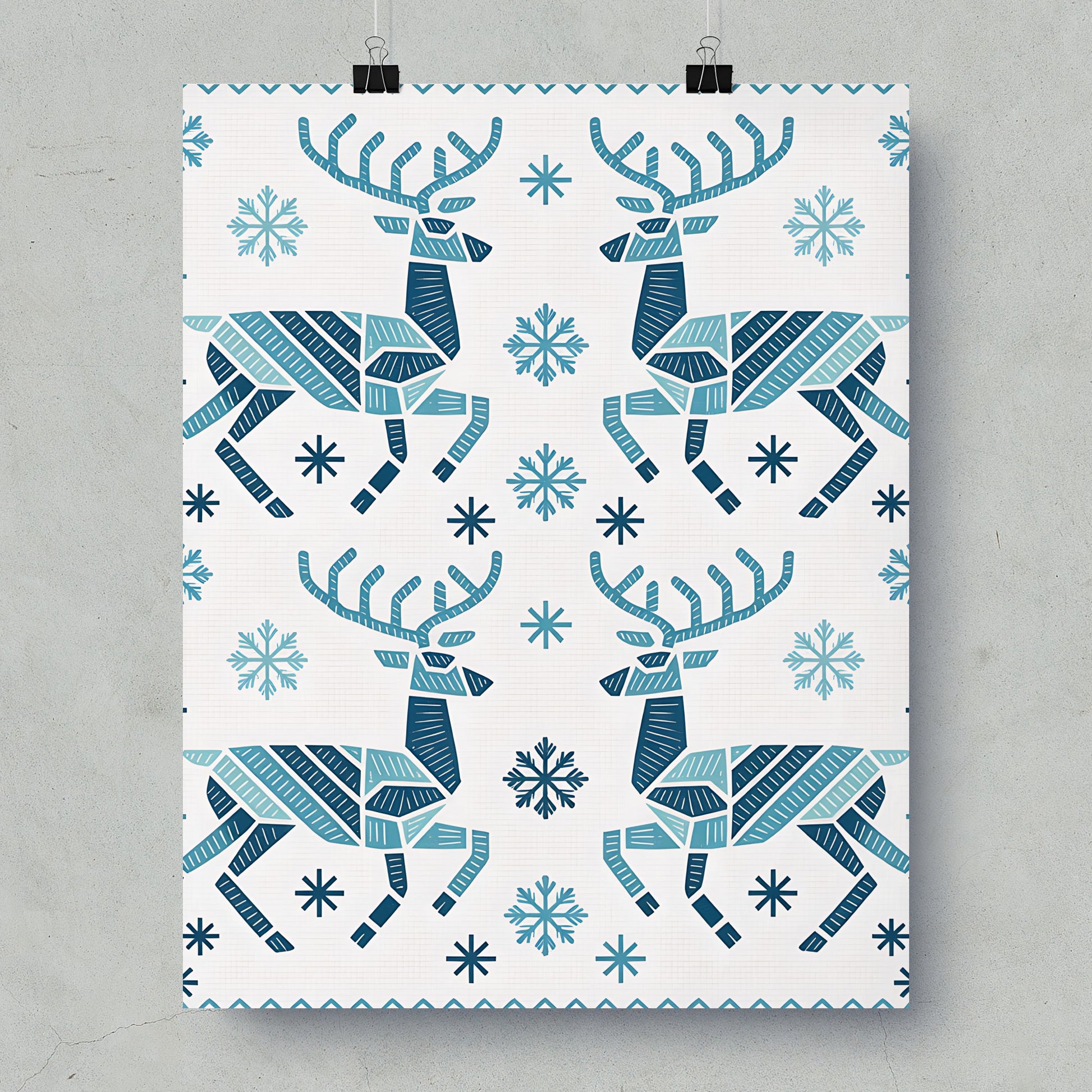 Geometric Reindeer and Snowflakes Winter Wall Poster