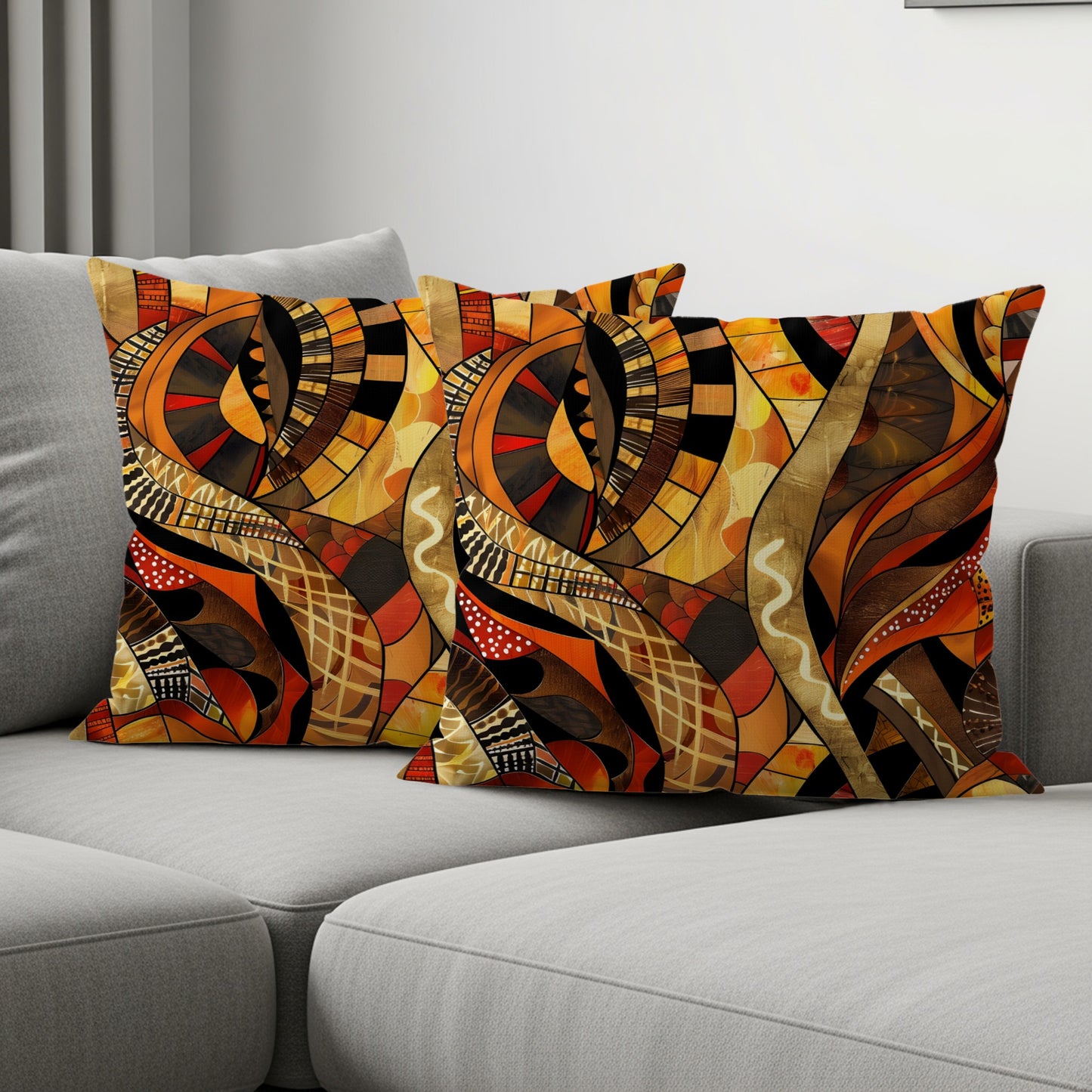 Two throw pillows with abstract geometric patterns in orange, brown, and black.