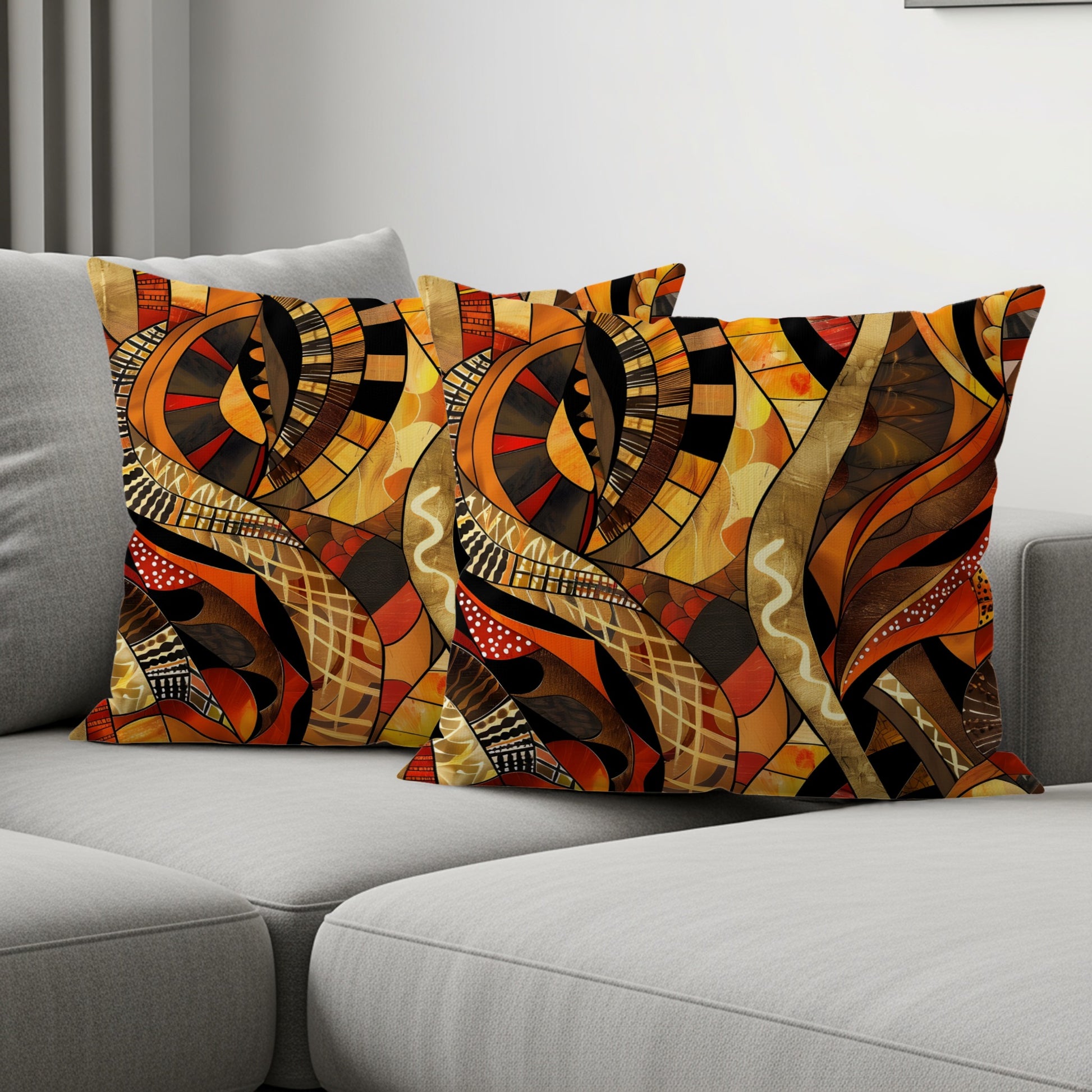 Two throw pillows with abstract geometric patterns in orange, brown, and black.