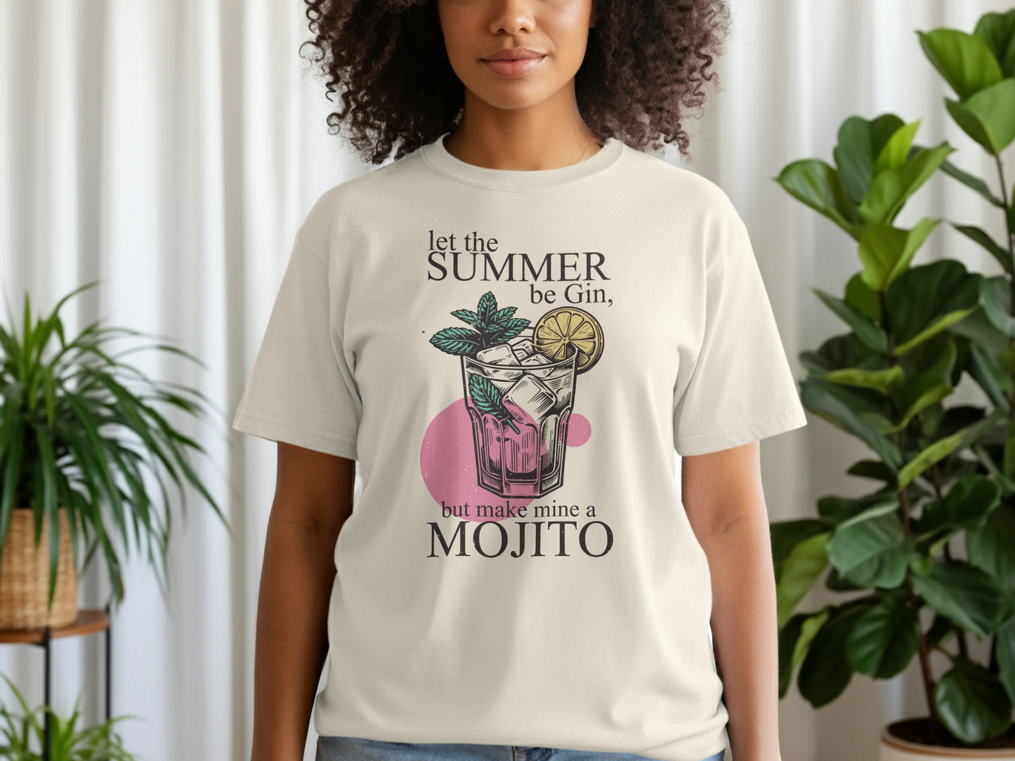 Cream t-shirt with "Let the summer be gin, but make mine a mojito" and a mojito illustration.