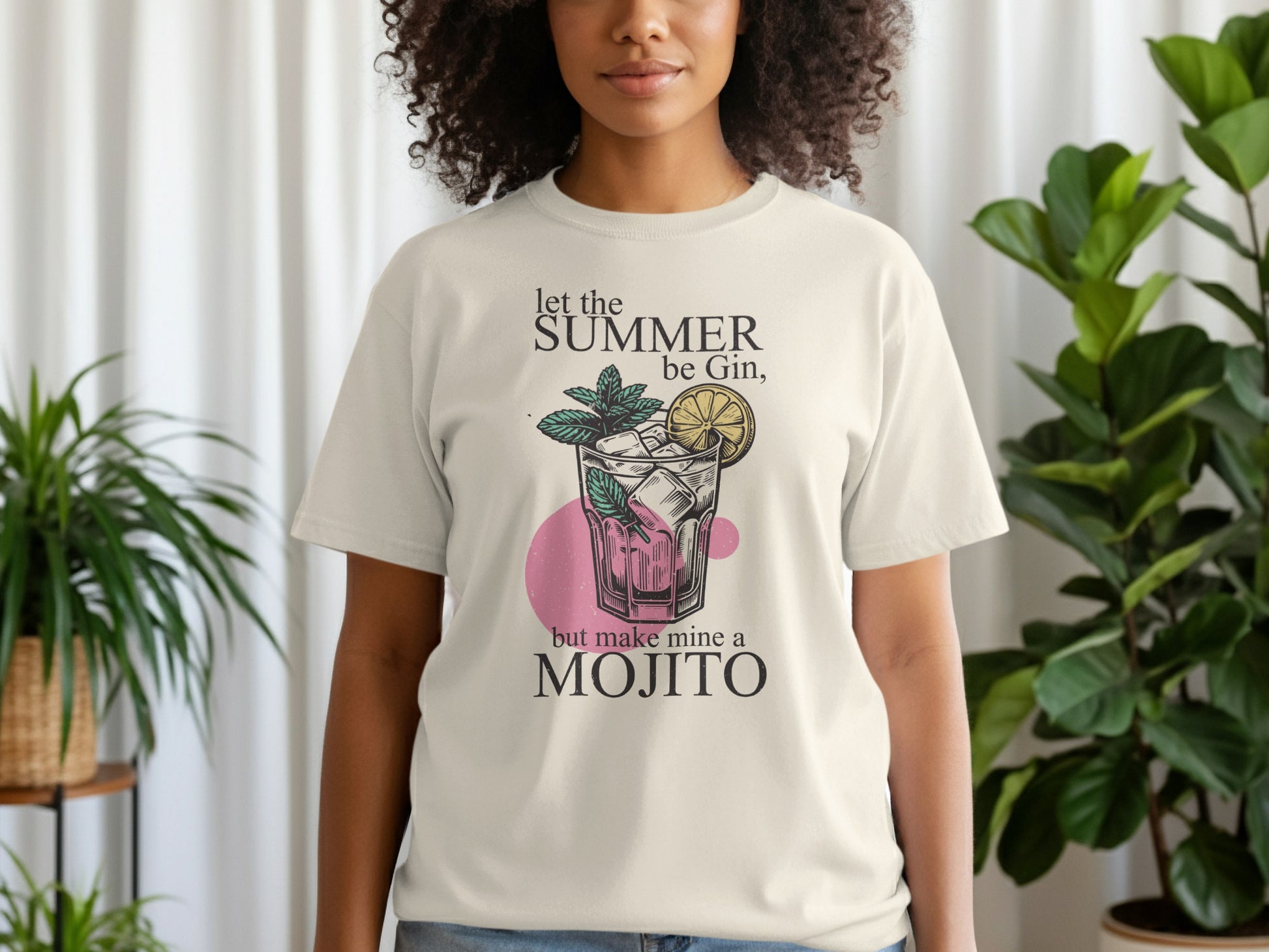 Cream t-shirt with "Let the summer be gin, but make mine a mojito" and a mojito illustration.
