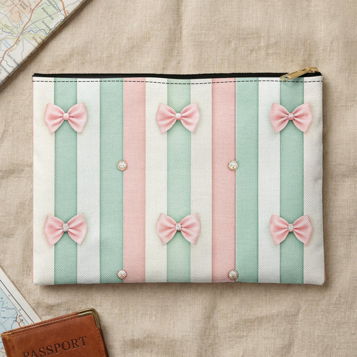 Striped pouch with pink bows and pearl accents on a textured surface.
