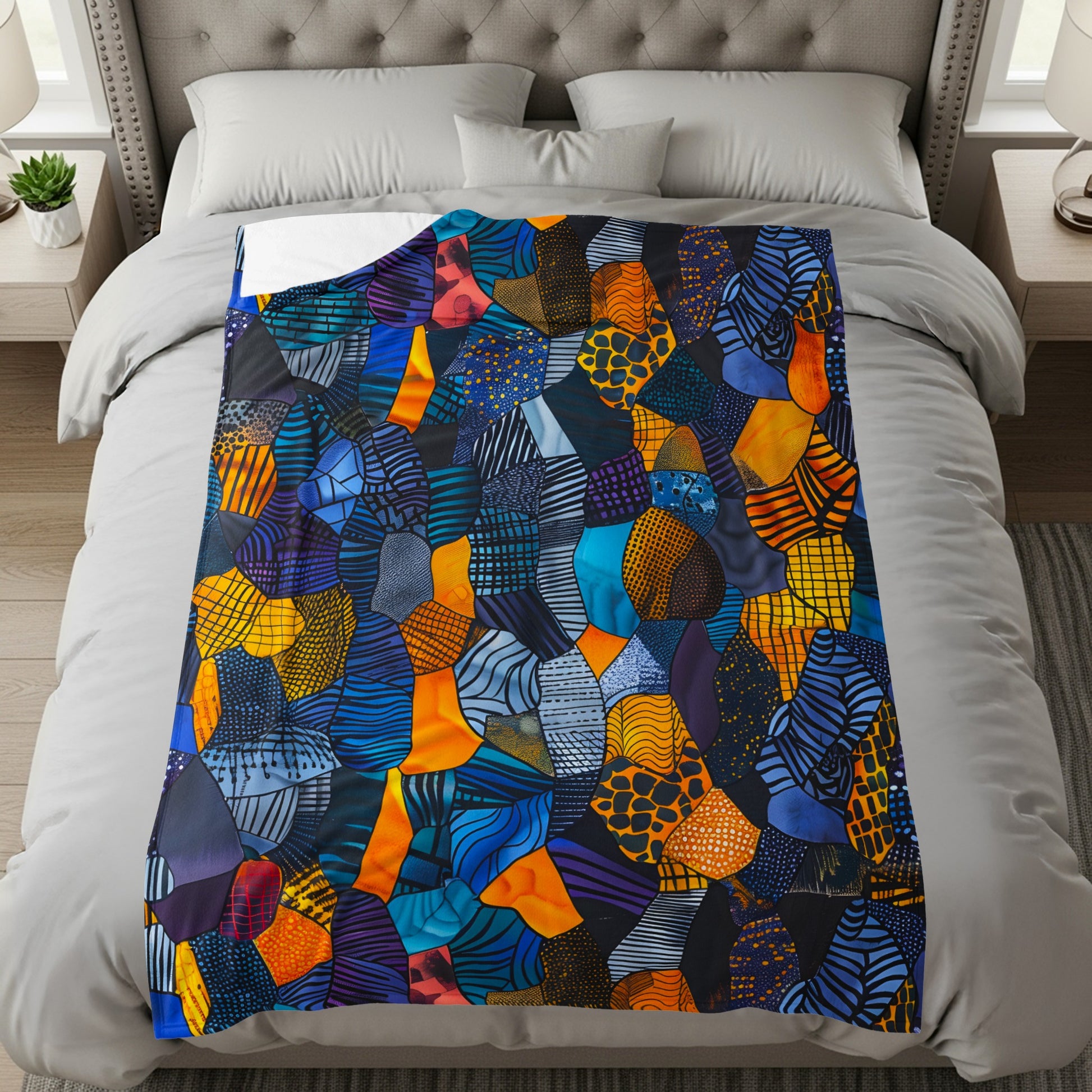 Colorful abstract patchwork pattern blanket folded on a bed.
