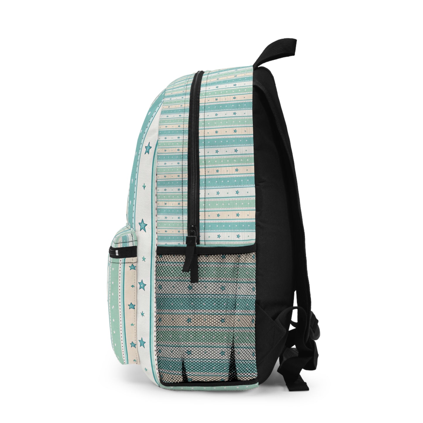 Blue and white striped backpack with a star pattern on a white background.
