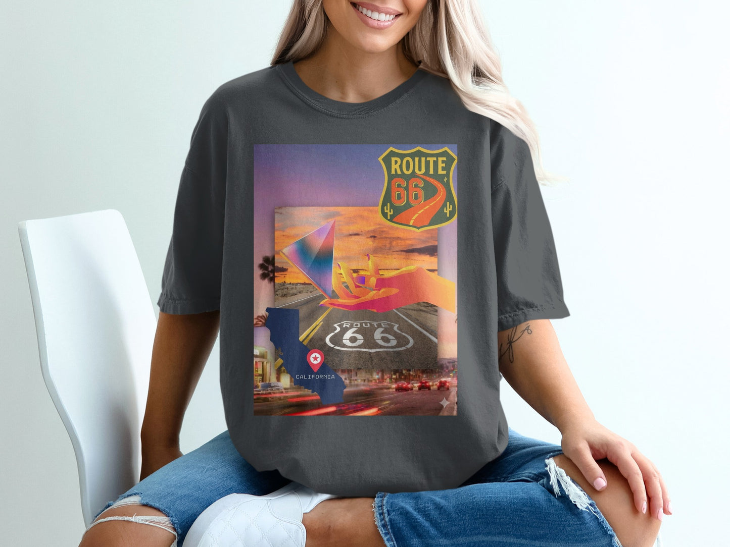 Route 66 graphic t-shirt with California map and sunset road.