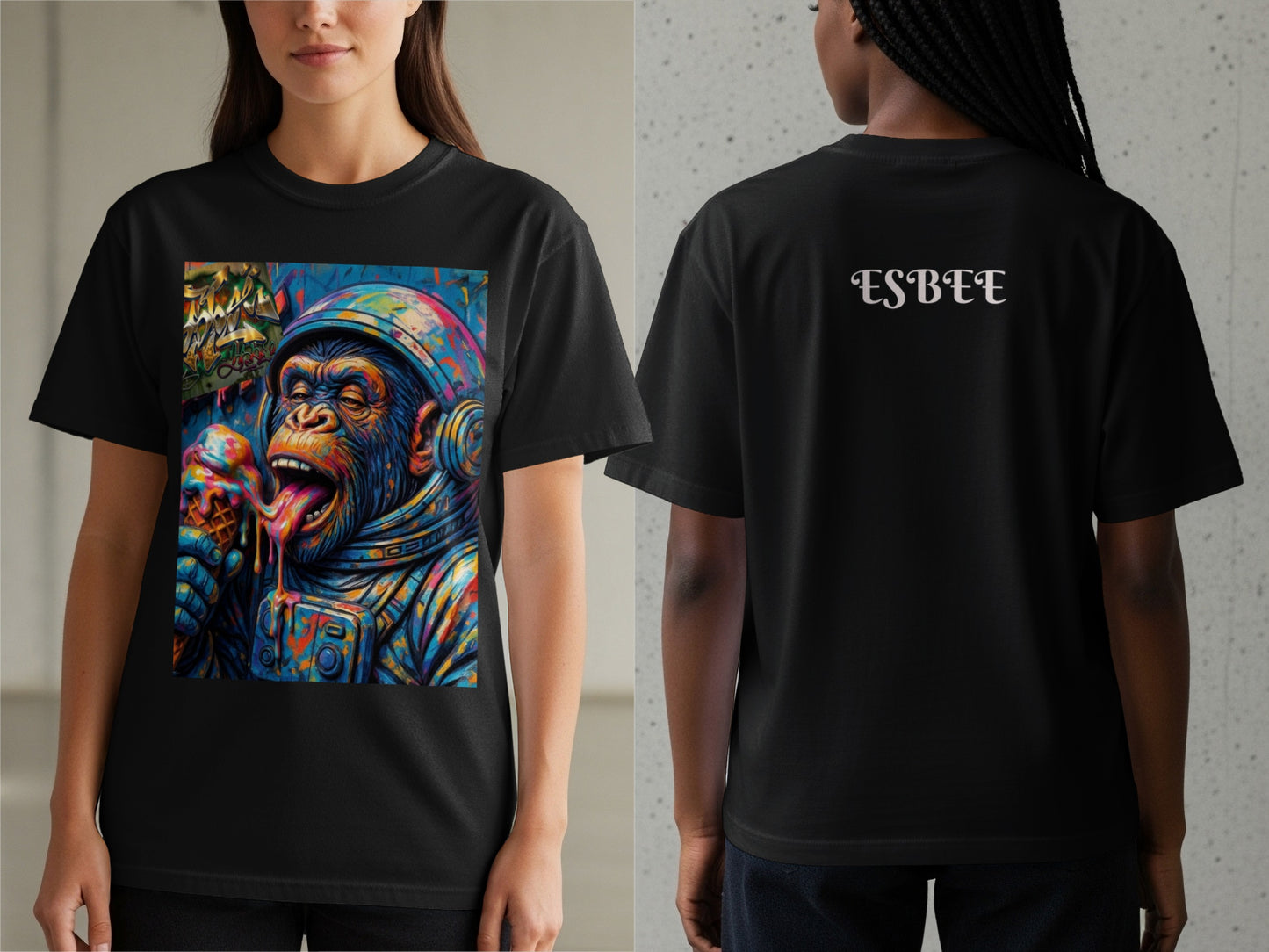 Black t-shirt with monkey astronaut eating ice cream on front, ESBEE logo on back.