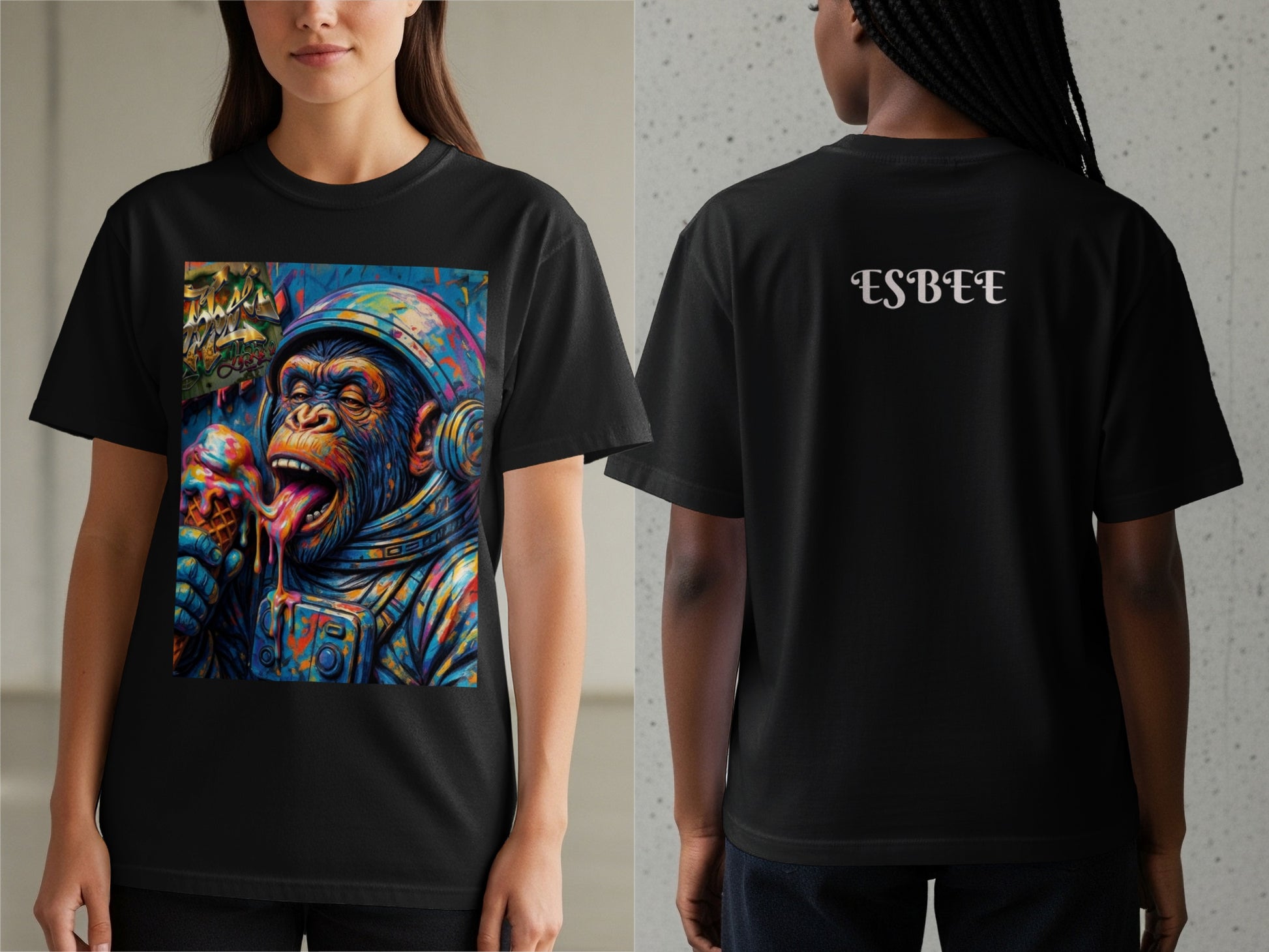 Black t-shirt with monkey astronaut eating ice cream on front, ESBEE logo on back.