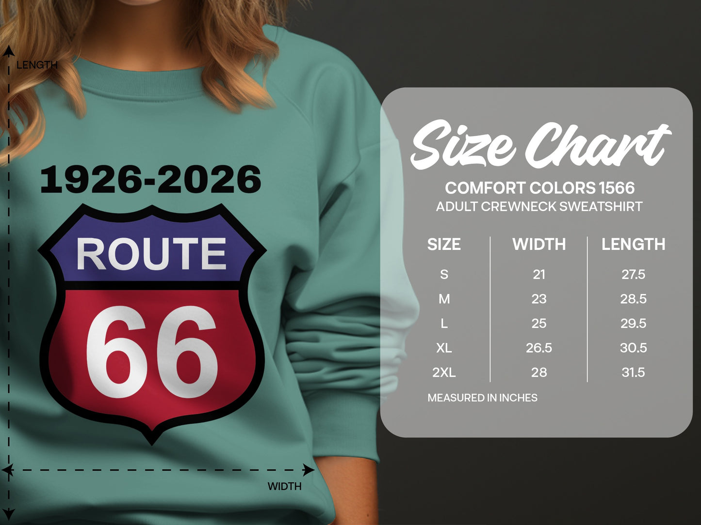 Size chart for Comfort Colors 1566 adult crewneck sweatshirt.