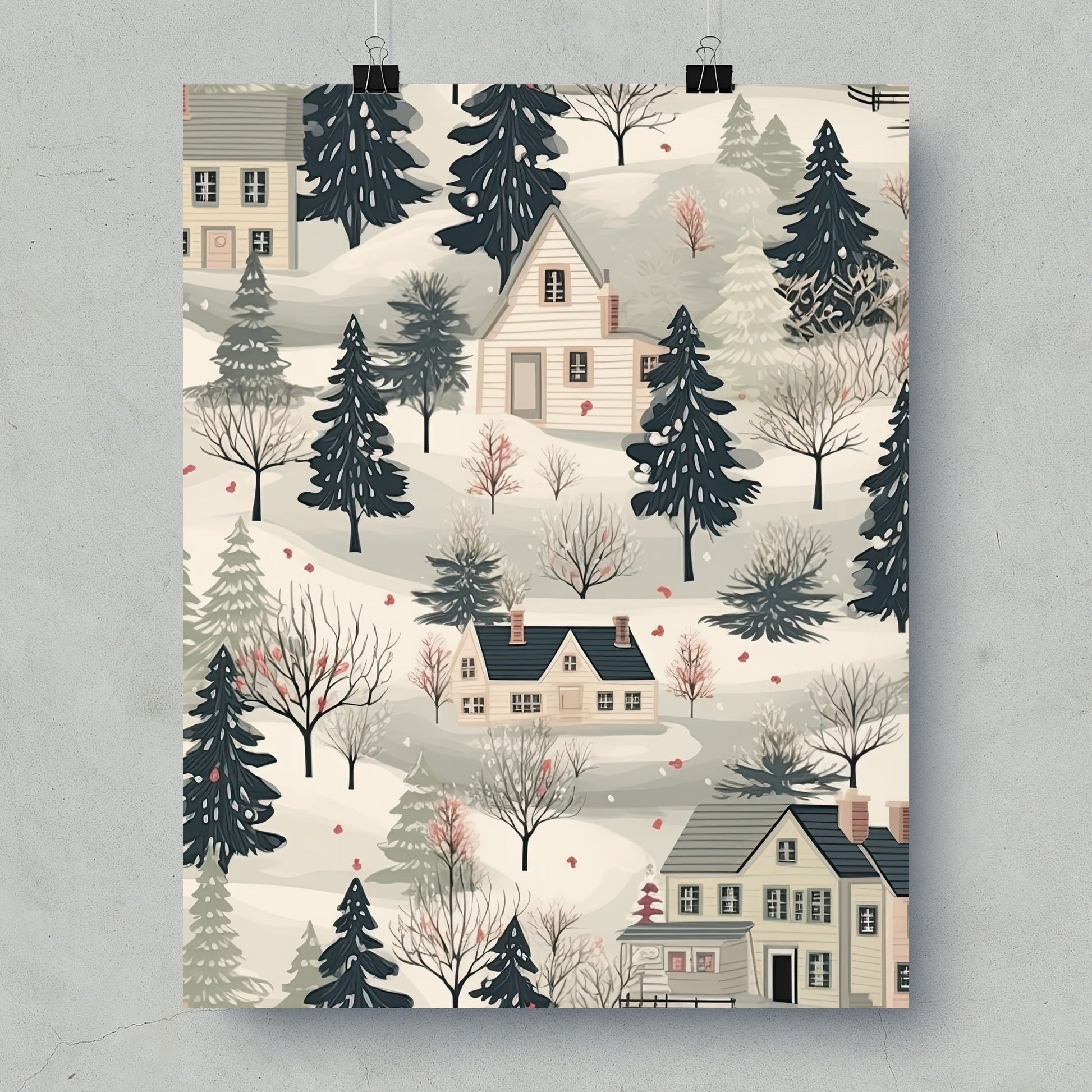 Snowy Hillside with Houses and Trees Winter Art Poster