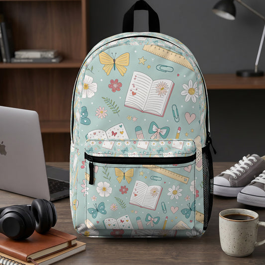 Backpack with a pastel pattern of butterflies, flowers, books, and school supplies.