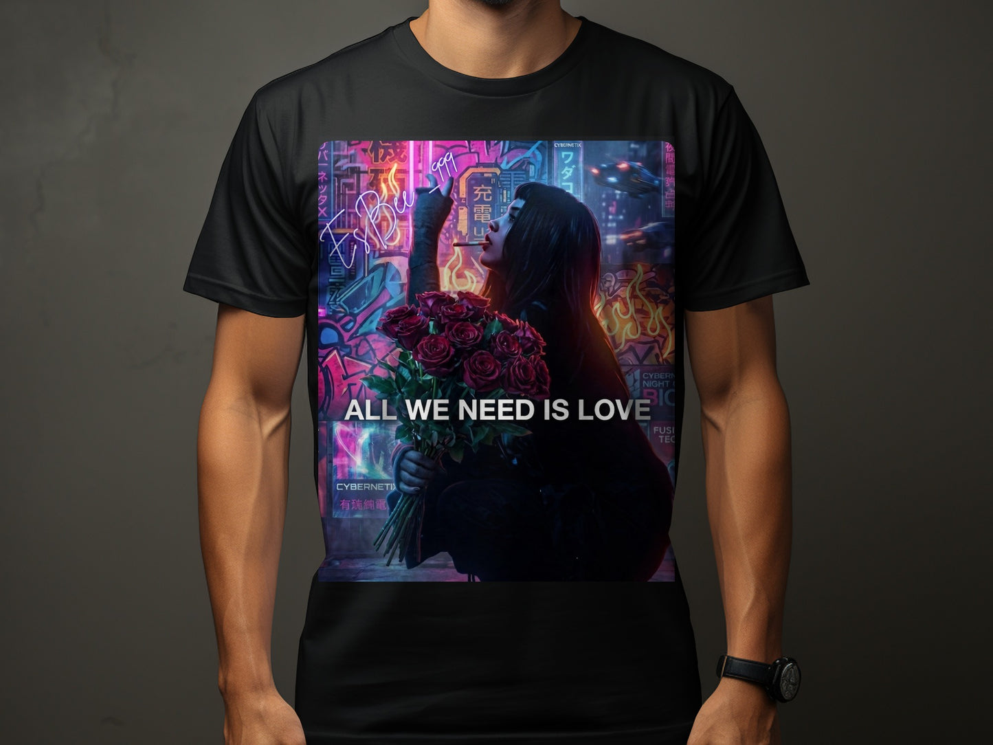 Black t-shirt with woman holding roses and "ALL WE NEED IS LOVE" text.