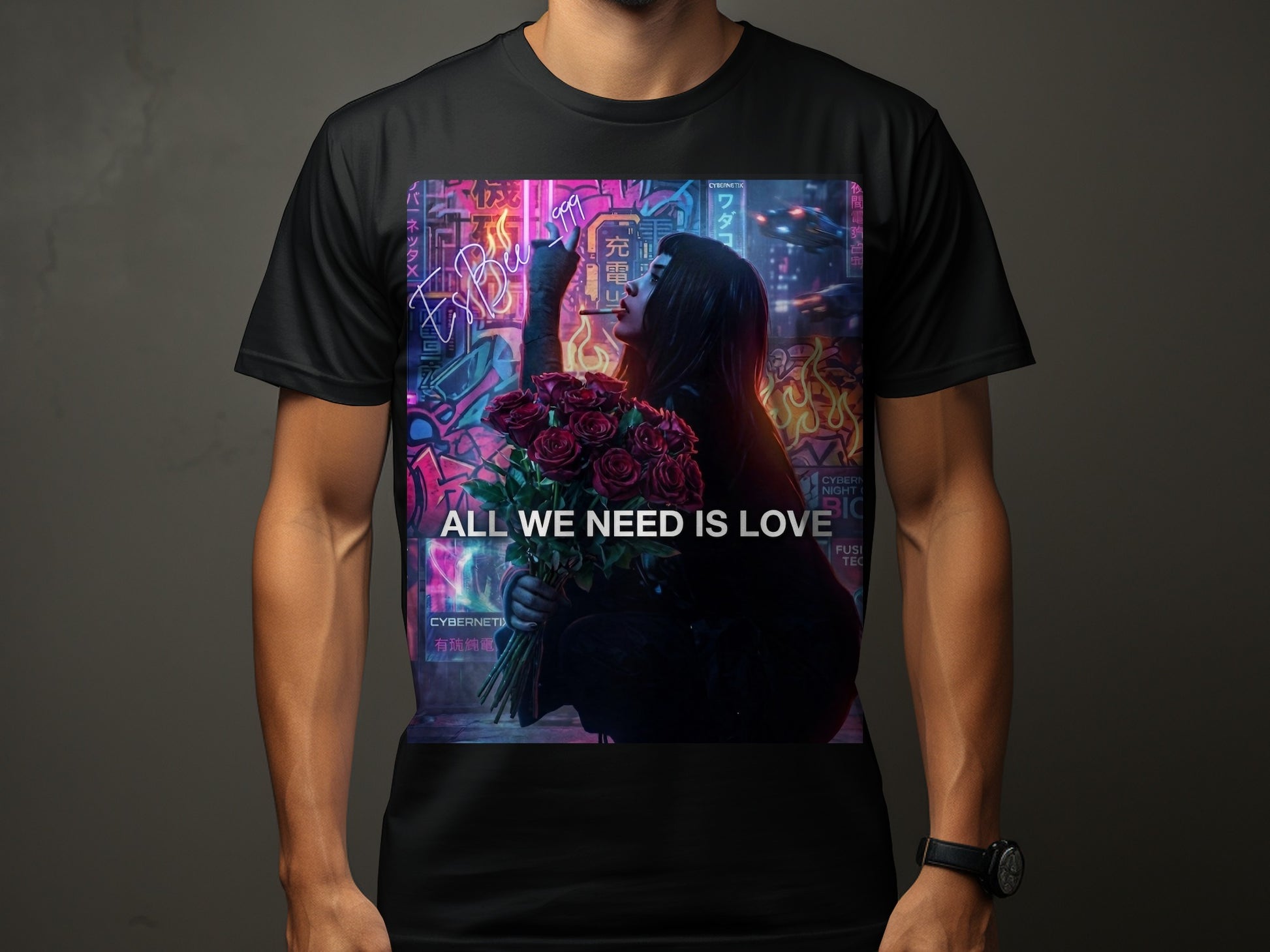 Black t-shirt with woman holding roses and "ALL WE NEED IS LOVE" text.