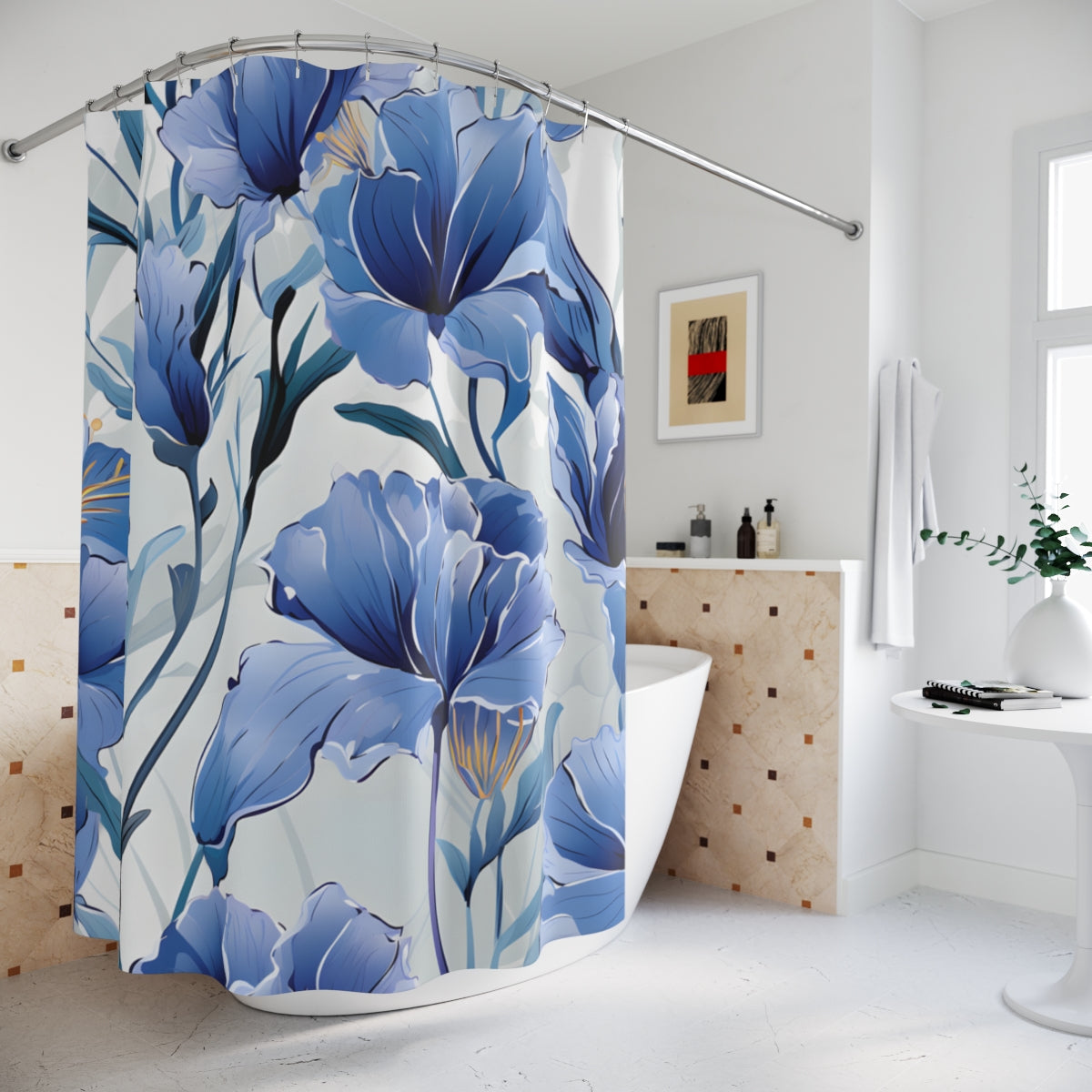 Floral Blue and White Shower Curtain Bathroom Decor