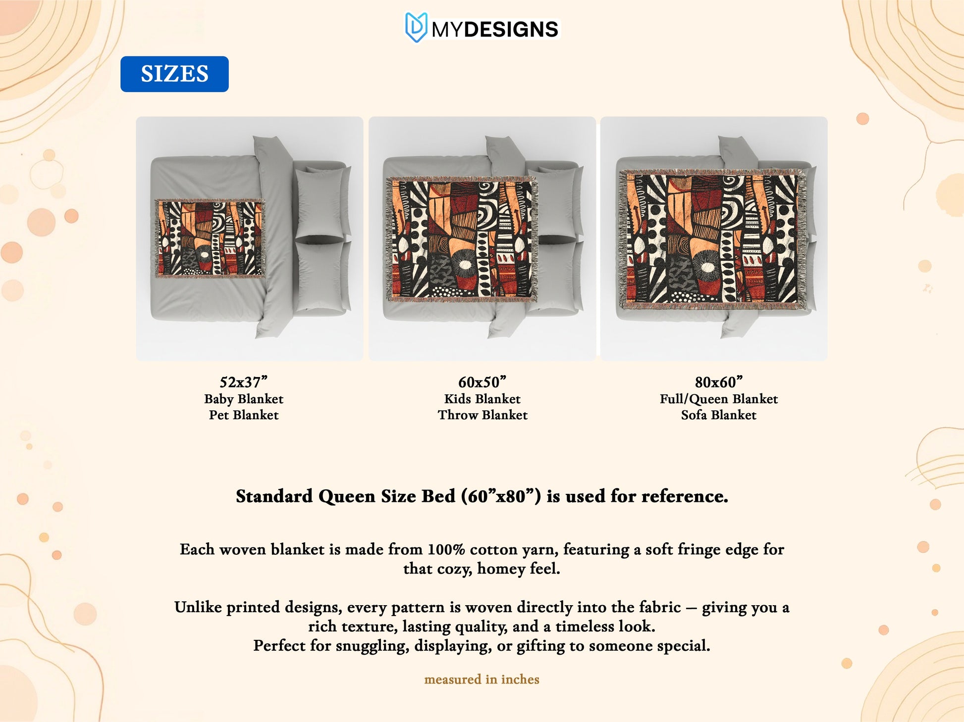 Three blankets with abstract patterns and fringe shown with size labels.