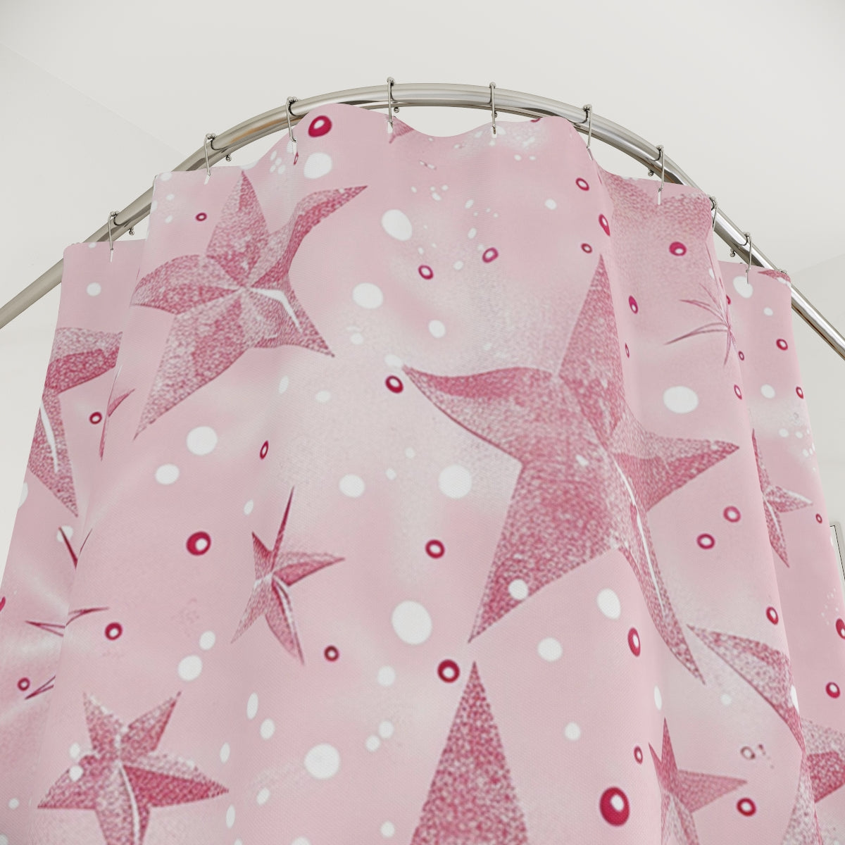 Pink Star and Circles Patterned Shower Curtain