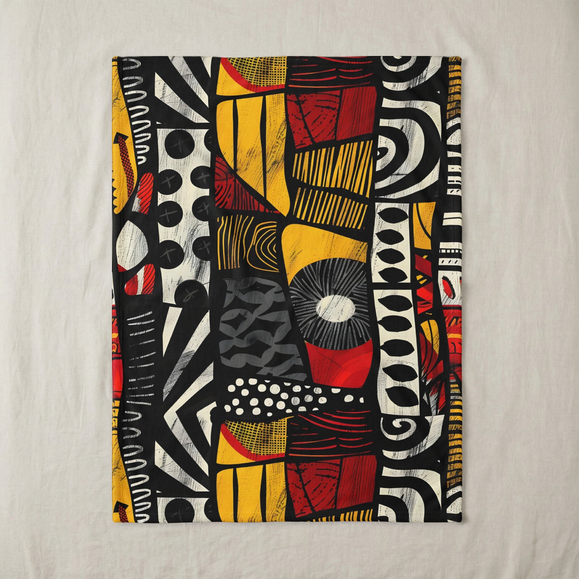 Abstract geometric pattern featuring black, red, yellow, and white shapes and lines.