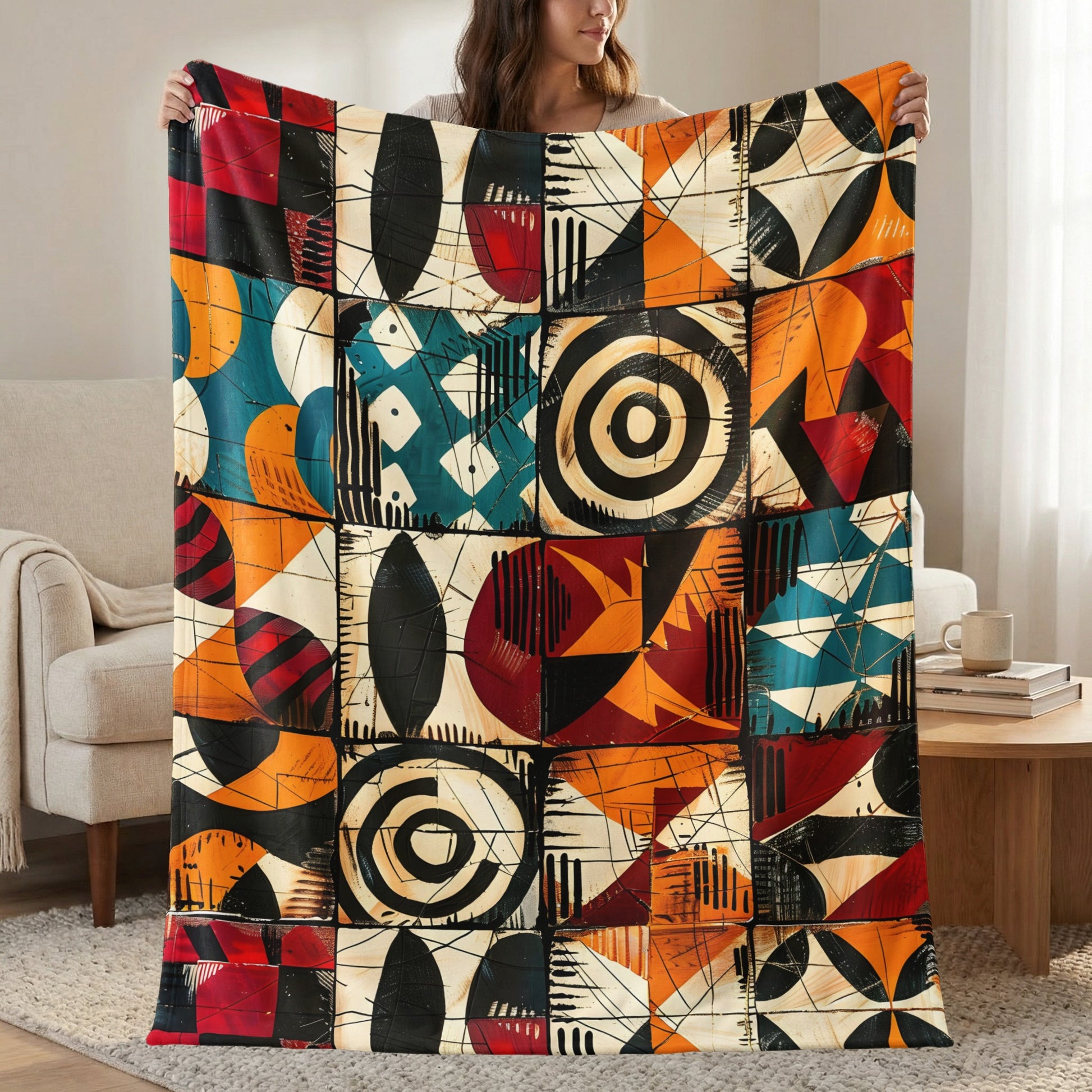 Abstract geometric patchwork blanket with bold colors and black line
detail.
