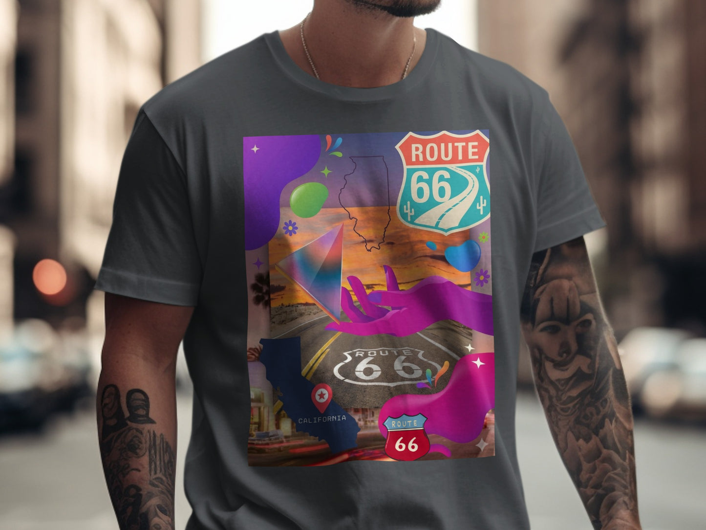 Dark gray t-shirt with Route 66 graphics and colorful abstract shapes.