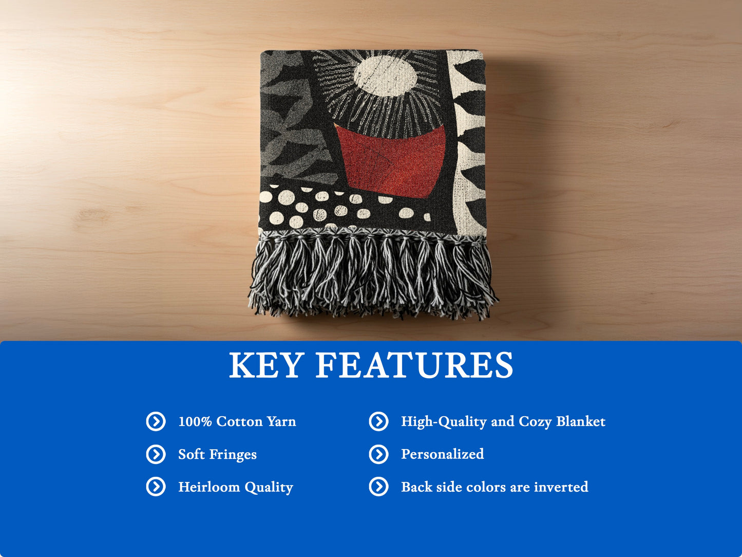 Abstract pattern blanket with fringe, featuring cotton yarn and soft fringes.