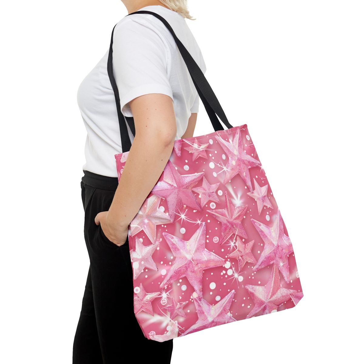 Pink Starry Patterned Tote Bag with Black Straps