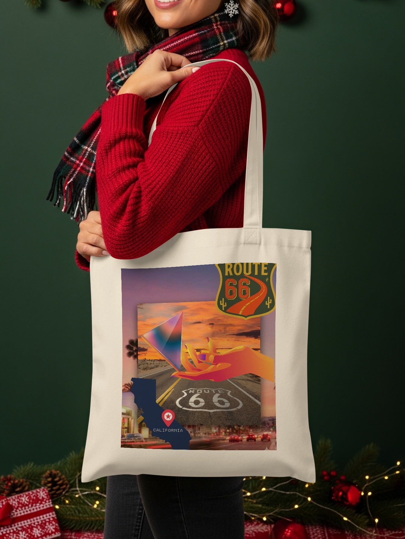 Tote bag featuring a California Route 66 collage with sunset and palm trees.