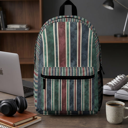 Green, red, and white striped backpack on a wooden desk with laptop and headphones.