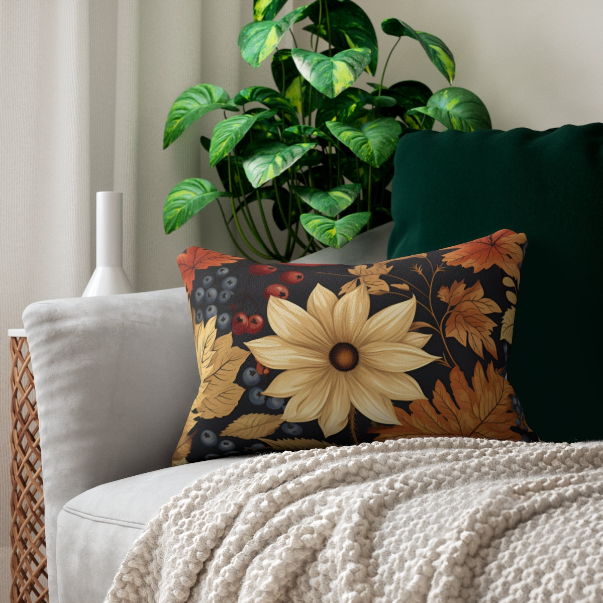Floral Throw Pillow with Autumn Leaves and Berries