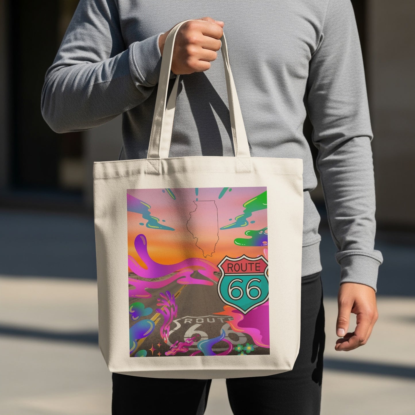 Tote bag with Route 66 Illinois graphic featuring colorful abstract shapes.