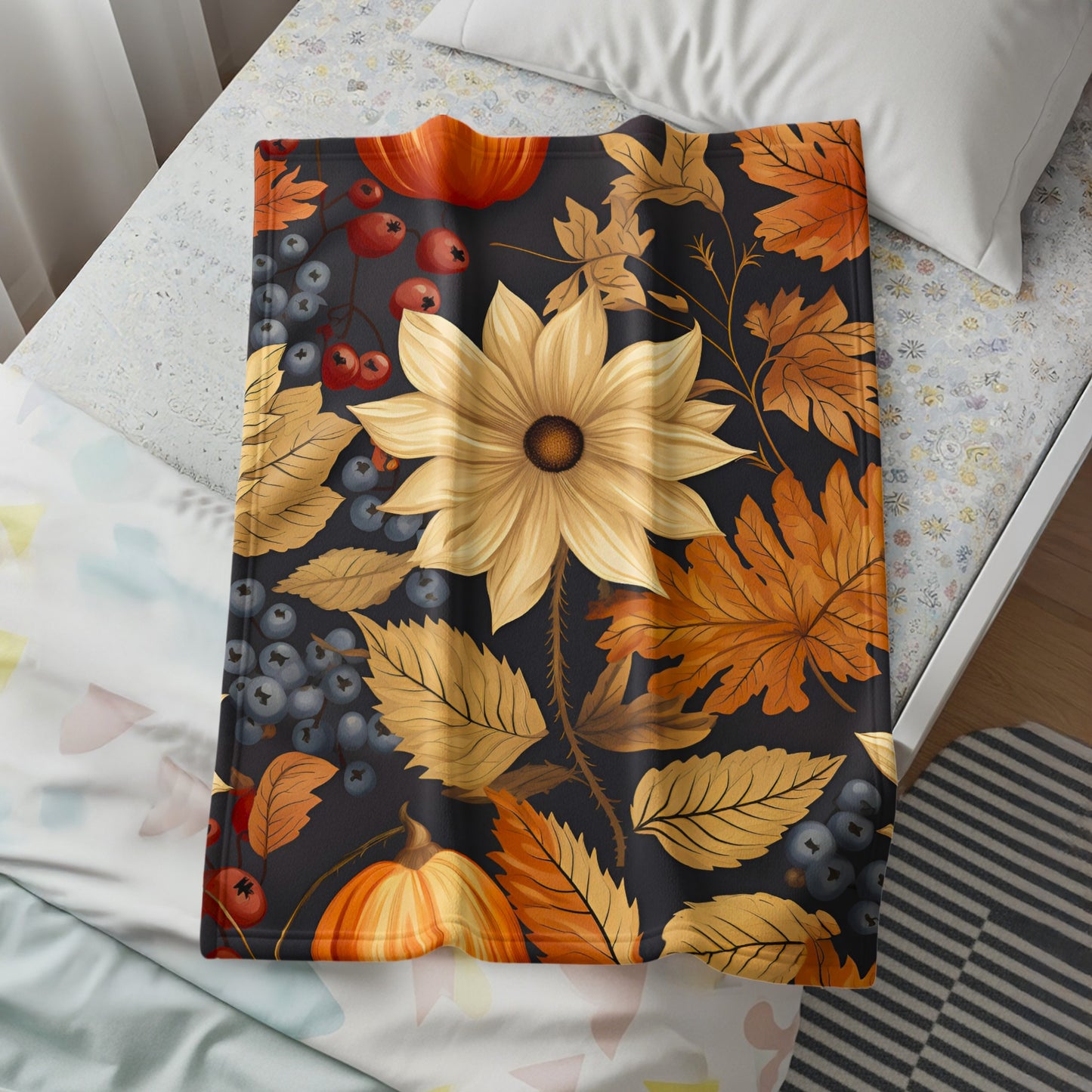 Autumn Floral and Pumpkin Print Cozy Fleece Blanket