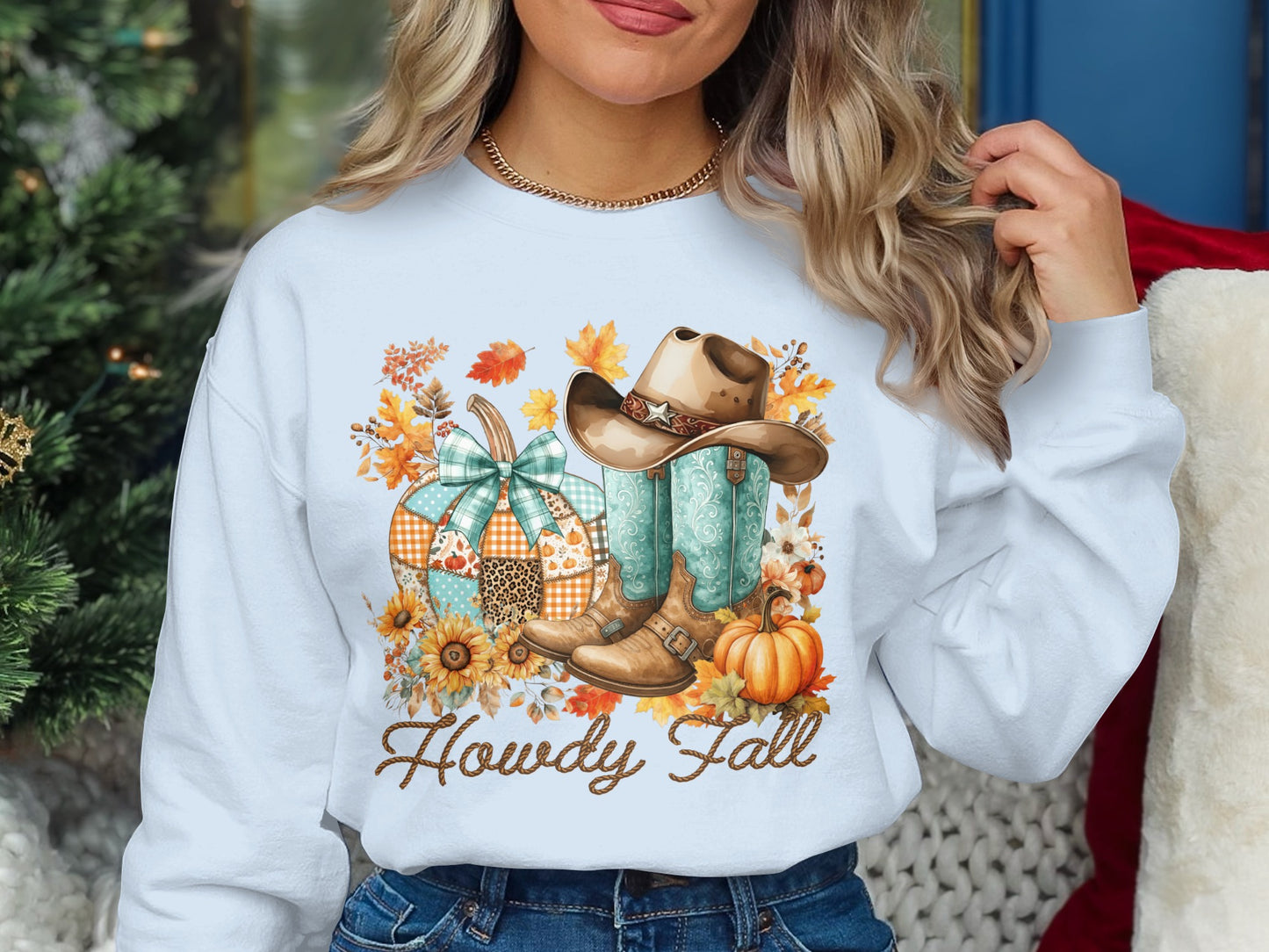 Howdy Fall Sweatshirt with Autumn Cowboy Hat Design