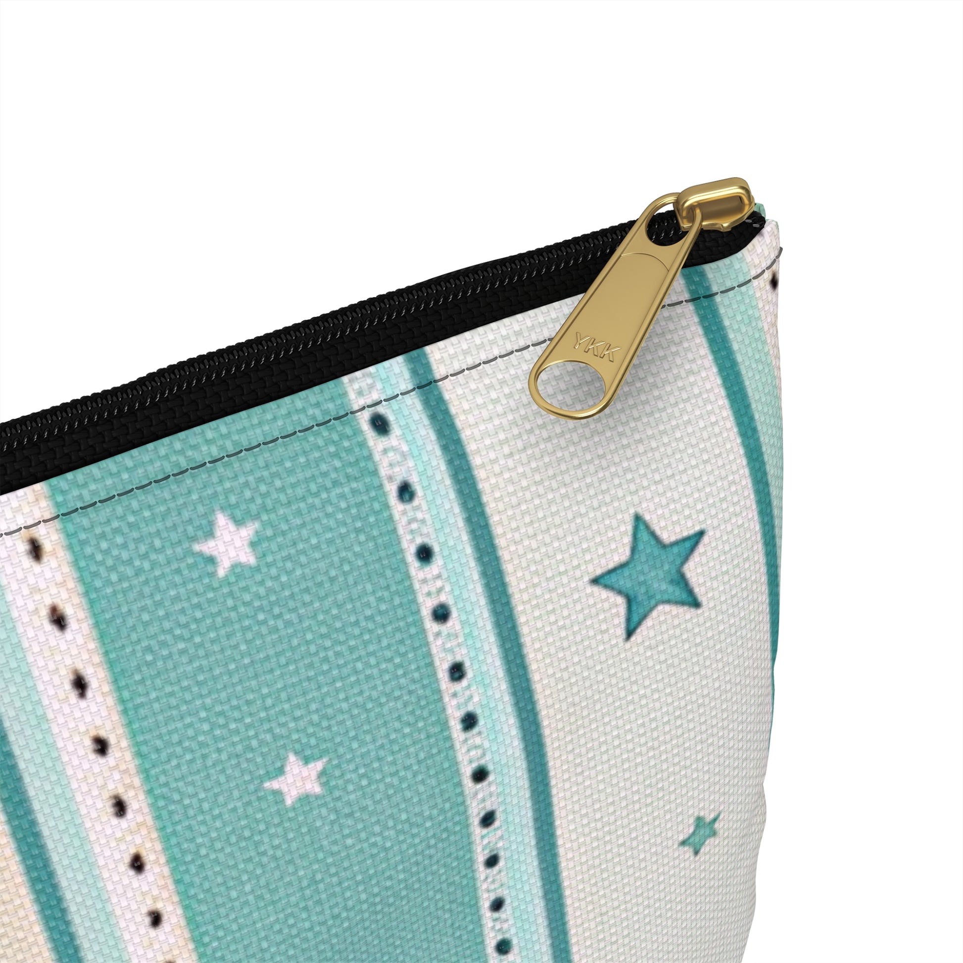 Cosmetic bag with white and teal stripes, white stars, and gold YKK zipper.
